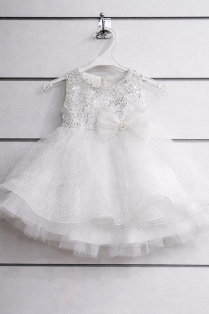 Robe tulle volumineux et corsage brodé avec nœud