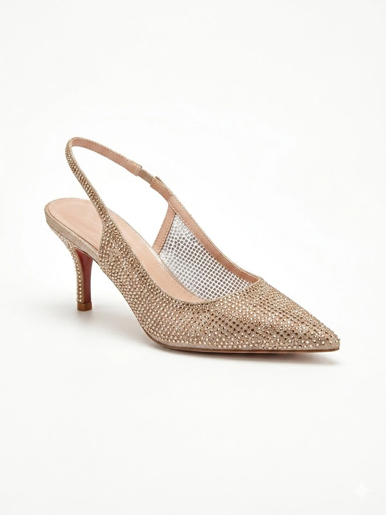Escarpin slingback entièrement recouvert de micro-strass dorés bout pointu