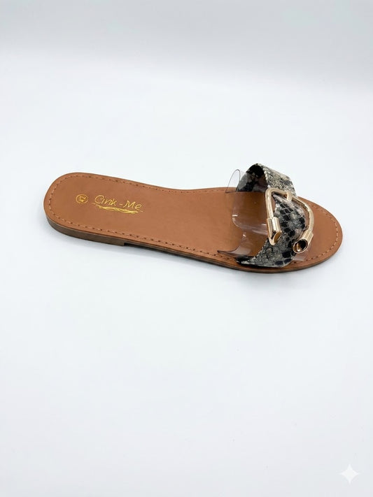 Mule plate bride python gris boucle dorée & semelle caramel