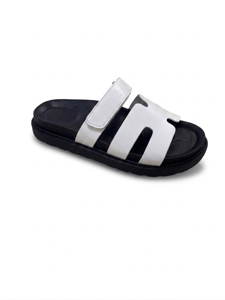 Mule Cuir à Double Bride Velcro sur Semelle Plateforme Noire