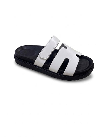 Mule Cuir à Double Bride Velcro sur Semelle Plateforme Noire