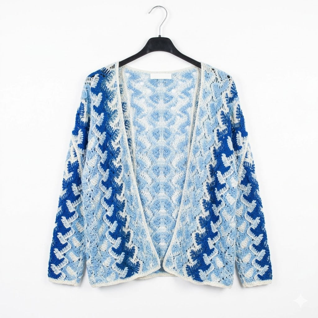 Gilet ouvert en crochet ajouré avec motifs floraux contrastés