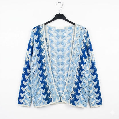 Gilet ouvert en crochet ajouré avec motifs floraux contrastés