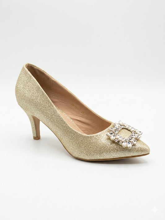 Escarpin glitter à bout pointu orné d'une broche strass sur le dessus