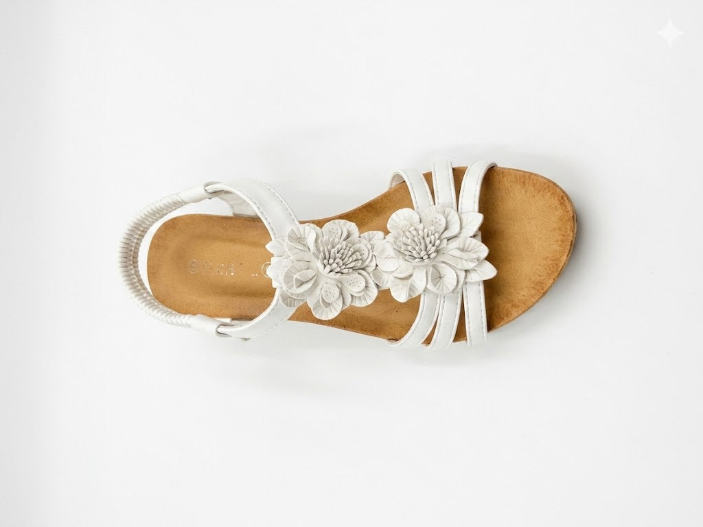 Sandale Compensée Brides Multiples – Fleurs en Relief & Bride Élastique Arrière