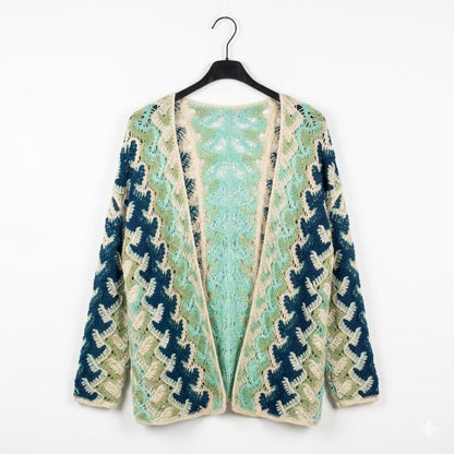 Gilet ouvert en crochet ajouré avec motifs floraux contrastés