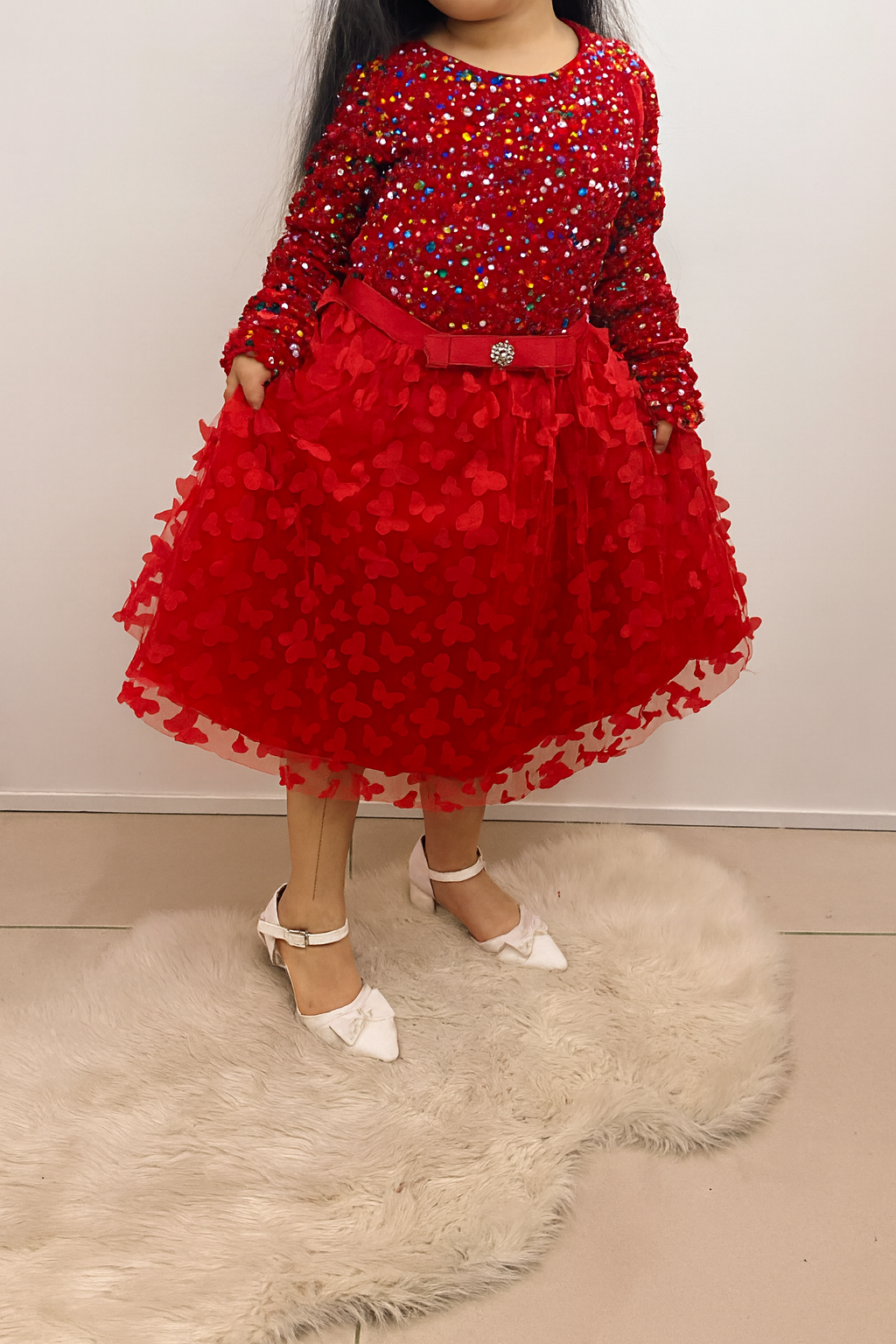 Robe étincelante à sequins multicolores & motifs papillon 3D