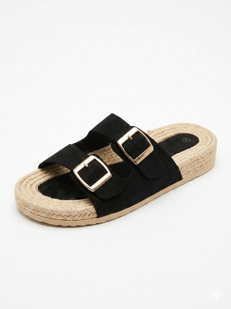 Mule plate espadrille suédée double bride boucles dorées & semelle corde tressée
