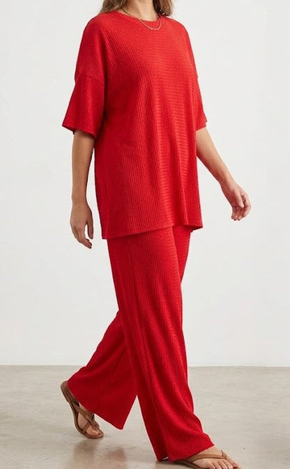 Ensemble côtelé – Top oversize manches mi-longues & pantalon wide-Leg fluide