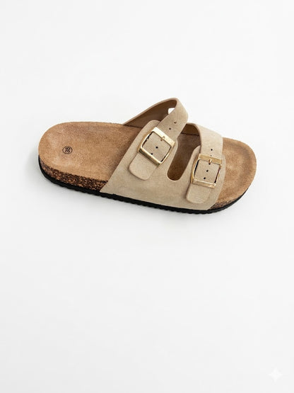 Mules à double bride et boucles dorées semelle effet liège