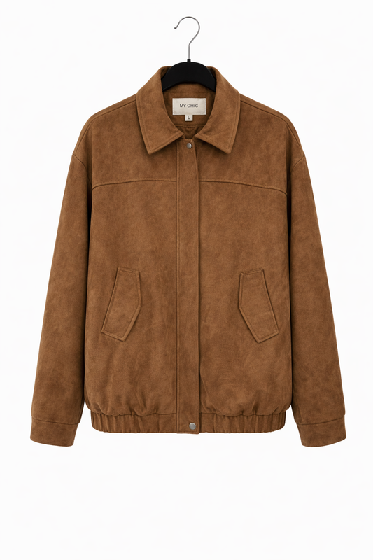 Blouson suédine coupe bomber col chemise & fermeture zippée