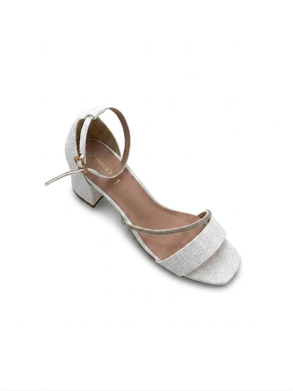 Talon Bloc Pailleté à Bride Cheville Fine et Bord Strass