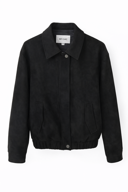 Blouson suédine coupe bomber col chemise & fermeture zippée