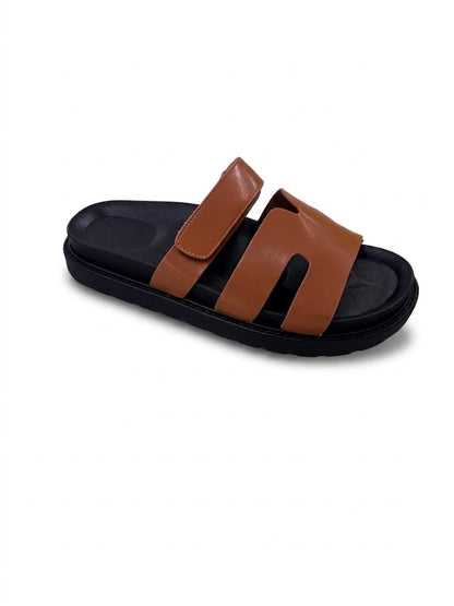 Mule Cuir à Double Bride Velcro sur Semelle Plateforme Noire