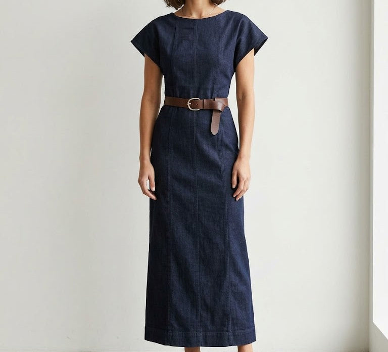 Robe longue denim bleu col bateau manches courtes & ceinture