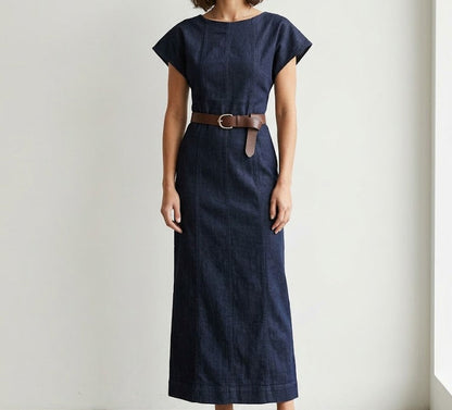 Robe longue denim bleu col bateau manches courtes & ceinture