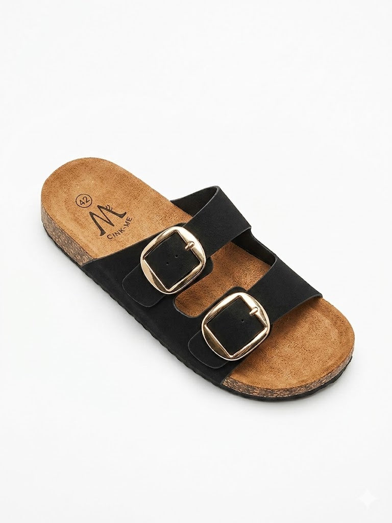 Mule Double Bride – Grandes Boucles Dorées & Semelle Liège