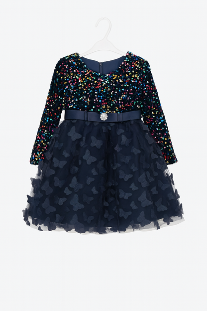 Robe étincelante à sequins multicolores & motifs papillon 3D