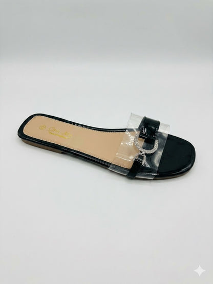 Mule plate bride transparente nœud strass argenté & bout carré