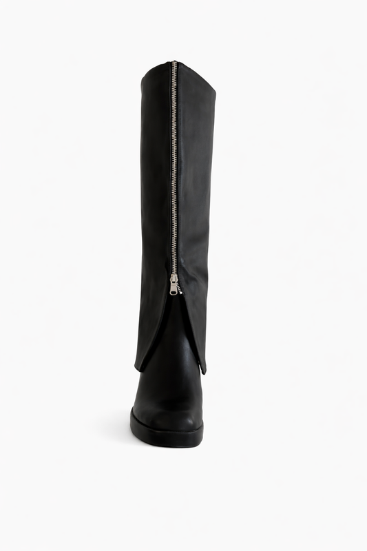 Bottes hautes noires à talon bloc avec zip devant