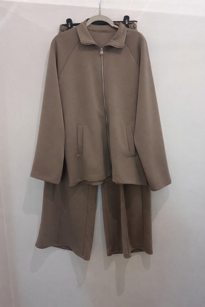 Ensemble oversize zippé veste ample à col montant et pantalon fluide taille haute
