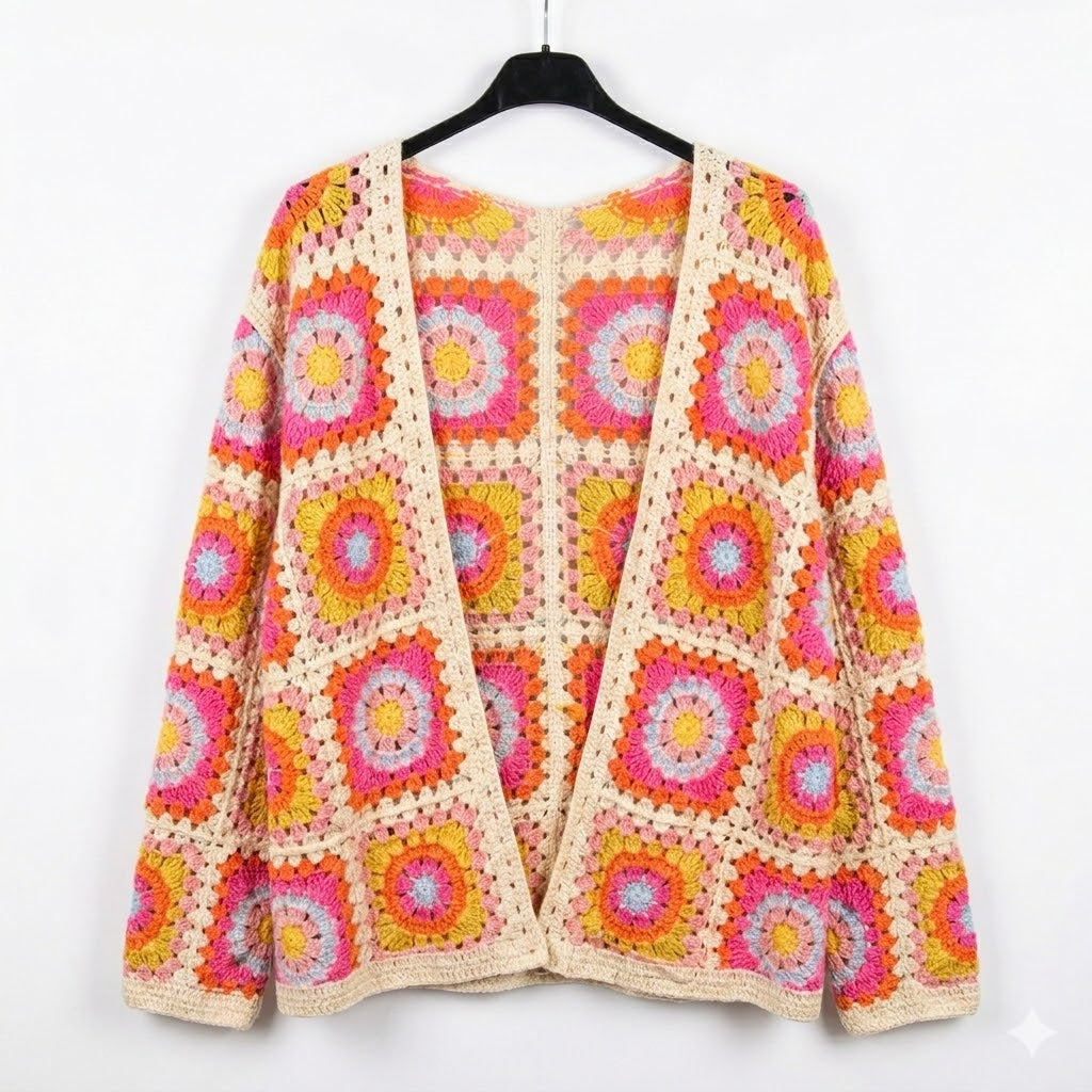 Gilet multicolore cardigan ouvert en crochet avec motifs