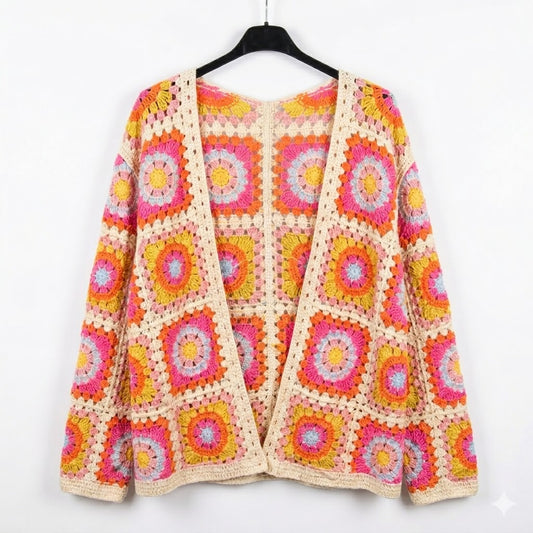 Gilet multicolore cardigan ouvert en crochet avec motifs