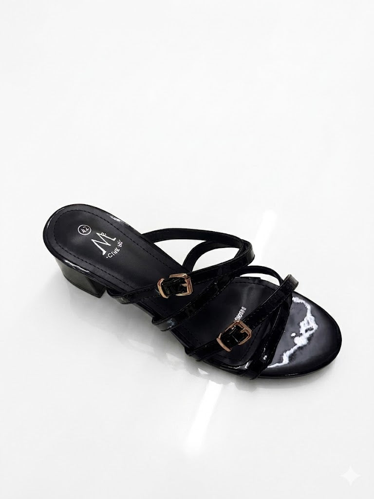 Sandale Vernis Talon Bas – Double Bride Fine Boucles Dorées & Semelle Intérieure Noire