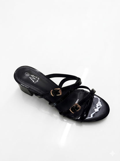 Sandale Vernis Talon Bas – Double Bride Fine Boucles Dorées & Semelle Intérieure Noire
