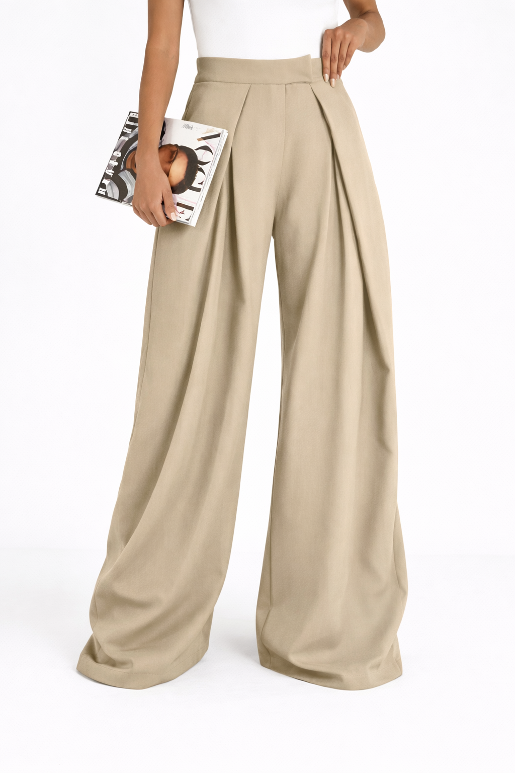Pantalon large taille haute à plis structurés