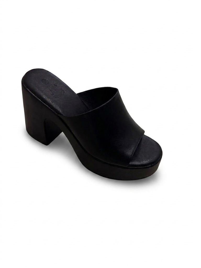Mule à Talon Bloc Noir Plateforme et Bride Large en Cuir Lisse
