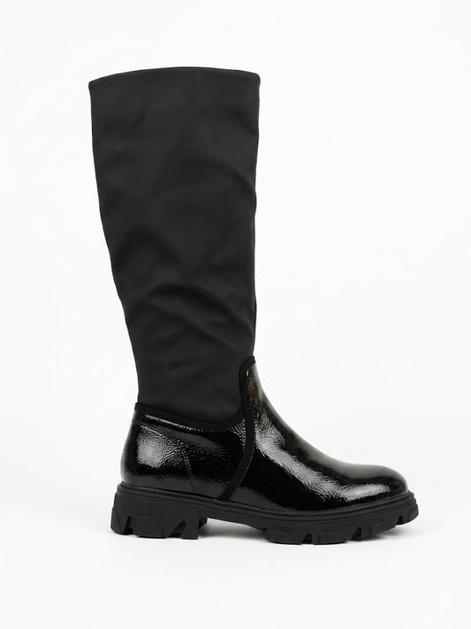 Botte Haute Noire & Bout Vernis – Semelle Plateforme Crantée