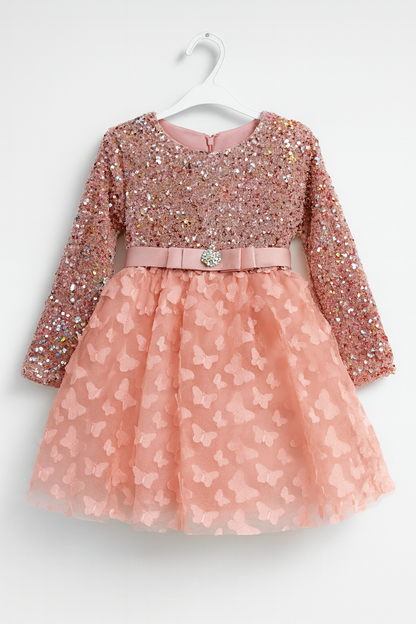 Robe étincelante à sequins multicolores & motifs papillon 3D