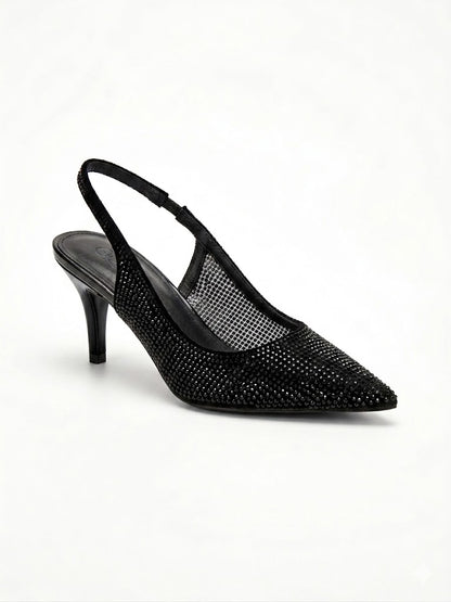 Escarpin slingback entièrement recouvert de micro-strass dorés bout pointu
