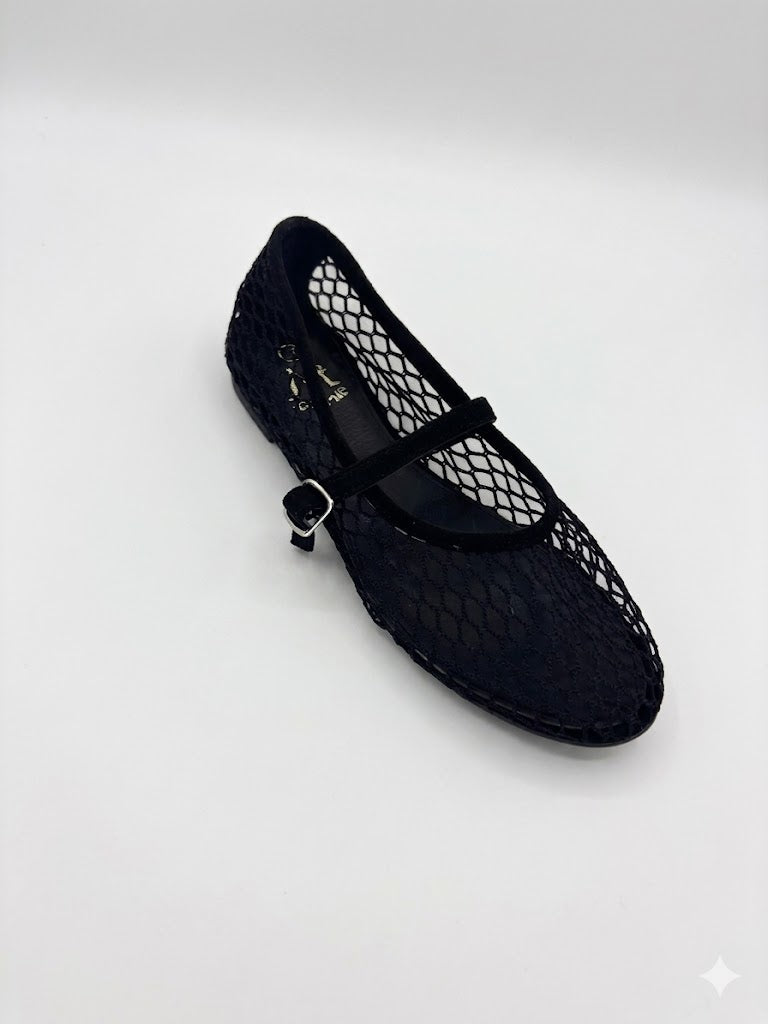 Ballerine Mary Jane en Résille Noire à Bride Velours et Boucle