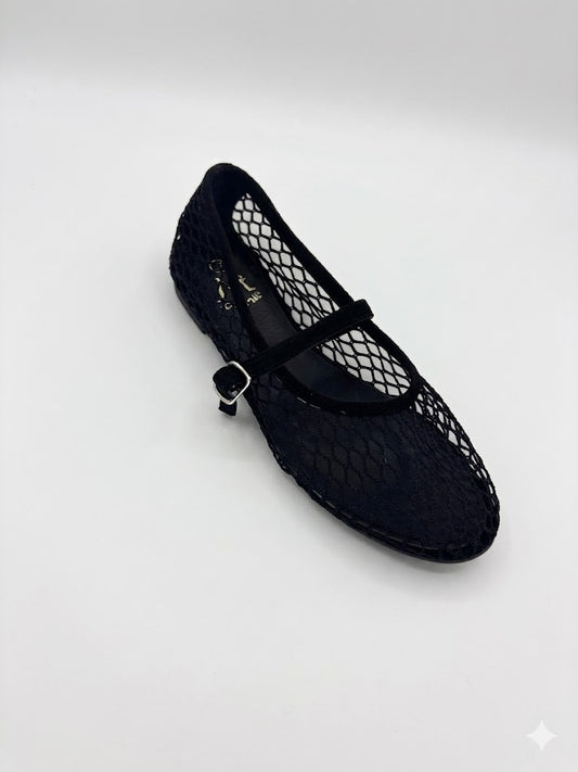Ballerine Mary Jane en Résille Noire à Bride Velours et Boucle