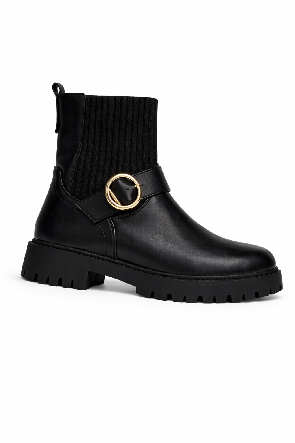 Bottines chunky noires à semelle crantée avec empiècement stretch et boucle ronde dorée