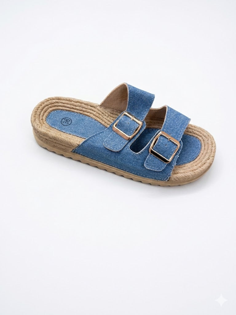 Mule plateforme en suède avec double bride à boucles dorées et semelle en corde tressée