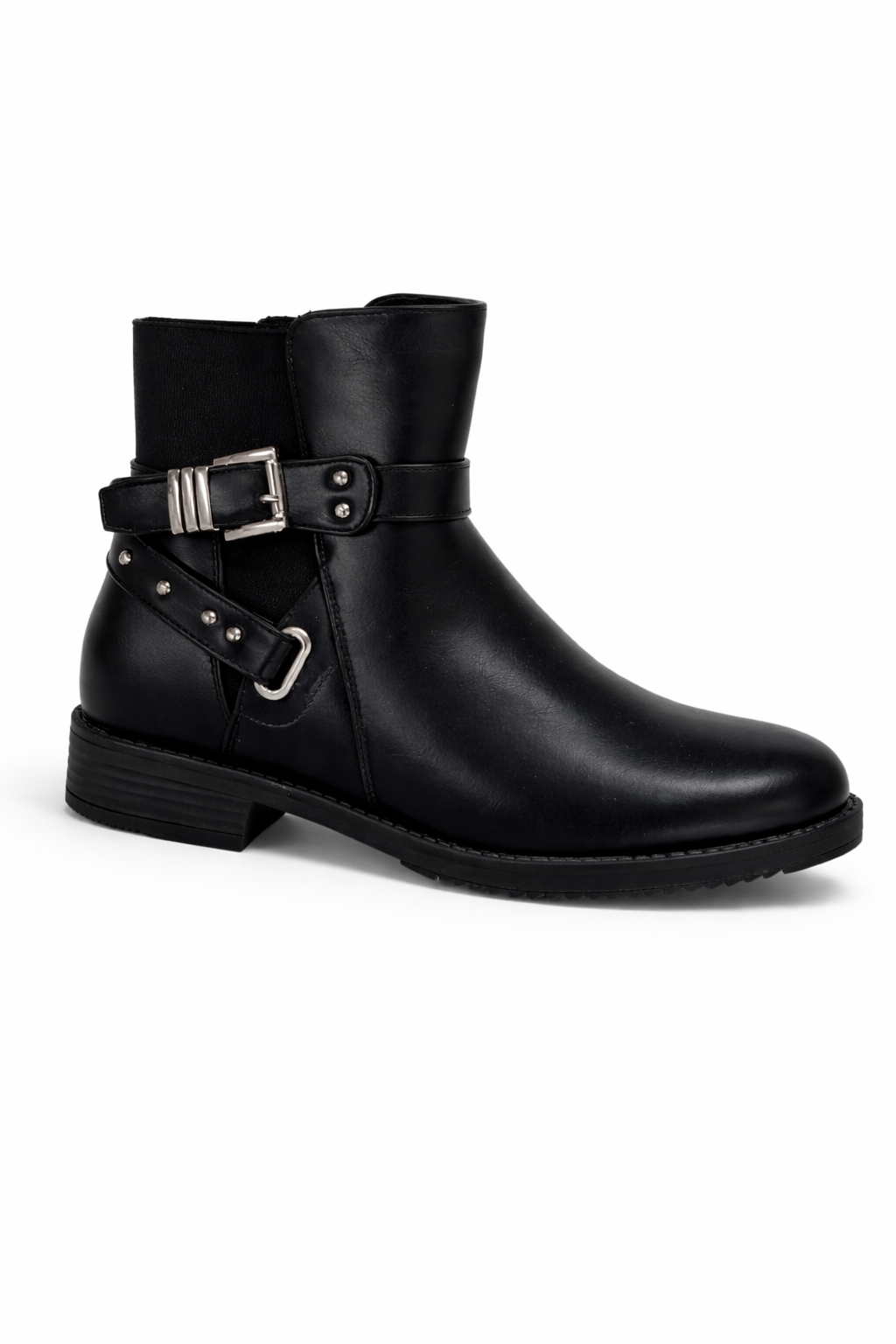 Bottines noires en simili cuir avec sangles à boucles et clous métalliques