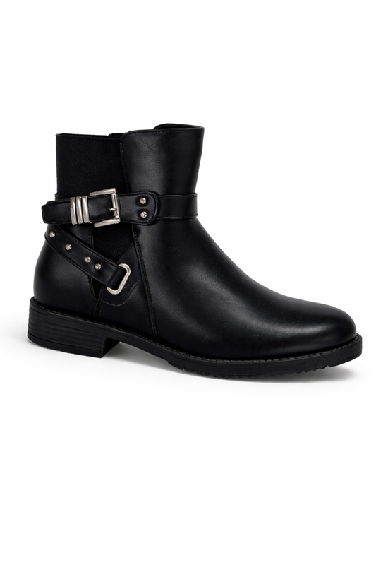 Bottines noires en simili cuir avec sangles à boucles et clous métalliques