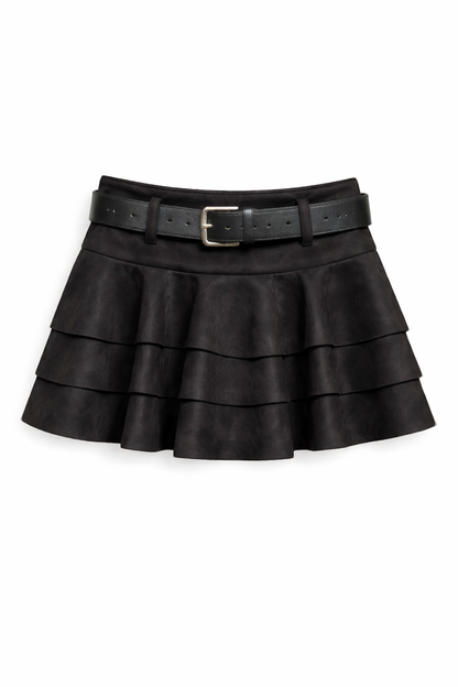 Jupe short évasée à volants en suédine avec ceinture