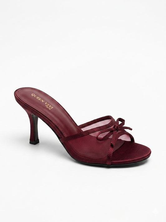 Mules à talon kitten en mesh transparent et nœud bout ouvert