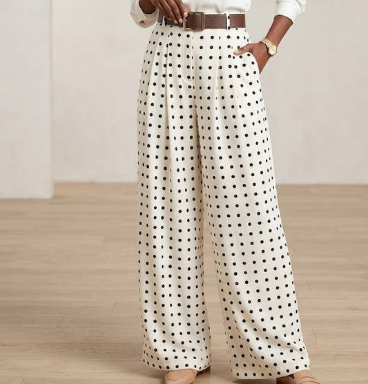 Pantalon large fluide à pois taille élastiquée avec ceinture boucle carrée dorée