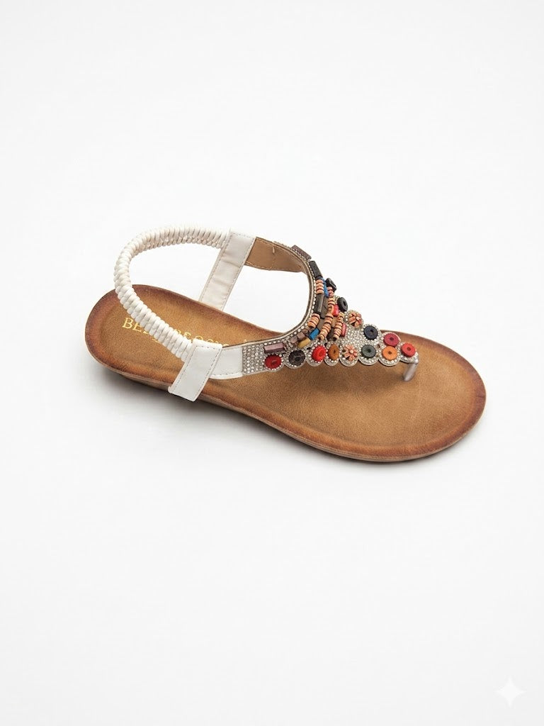 Sandales plates entre-doigts à bride élastique ornées de perles bois multicolores et strass