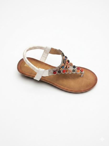 Sandales plates entre-doigts à bride élastique ornées de perles bois multicolores et strass