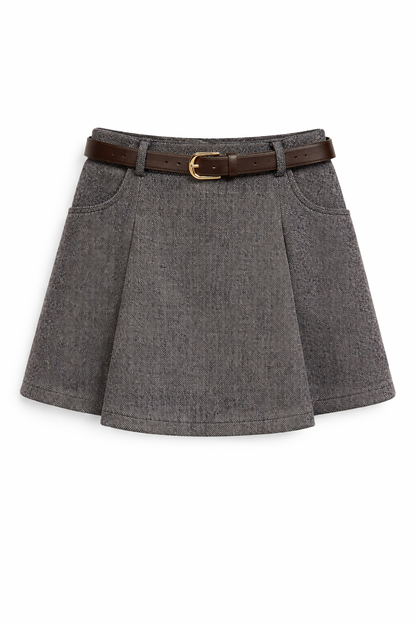 Short jupe évasée à plis taille haute avec ceinture intégrée