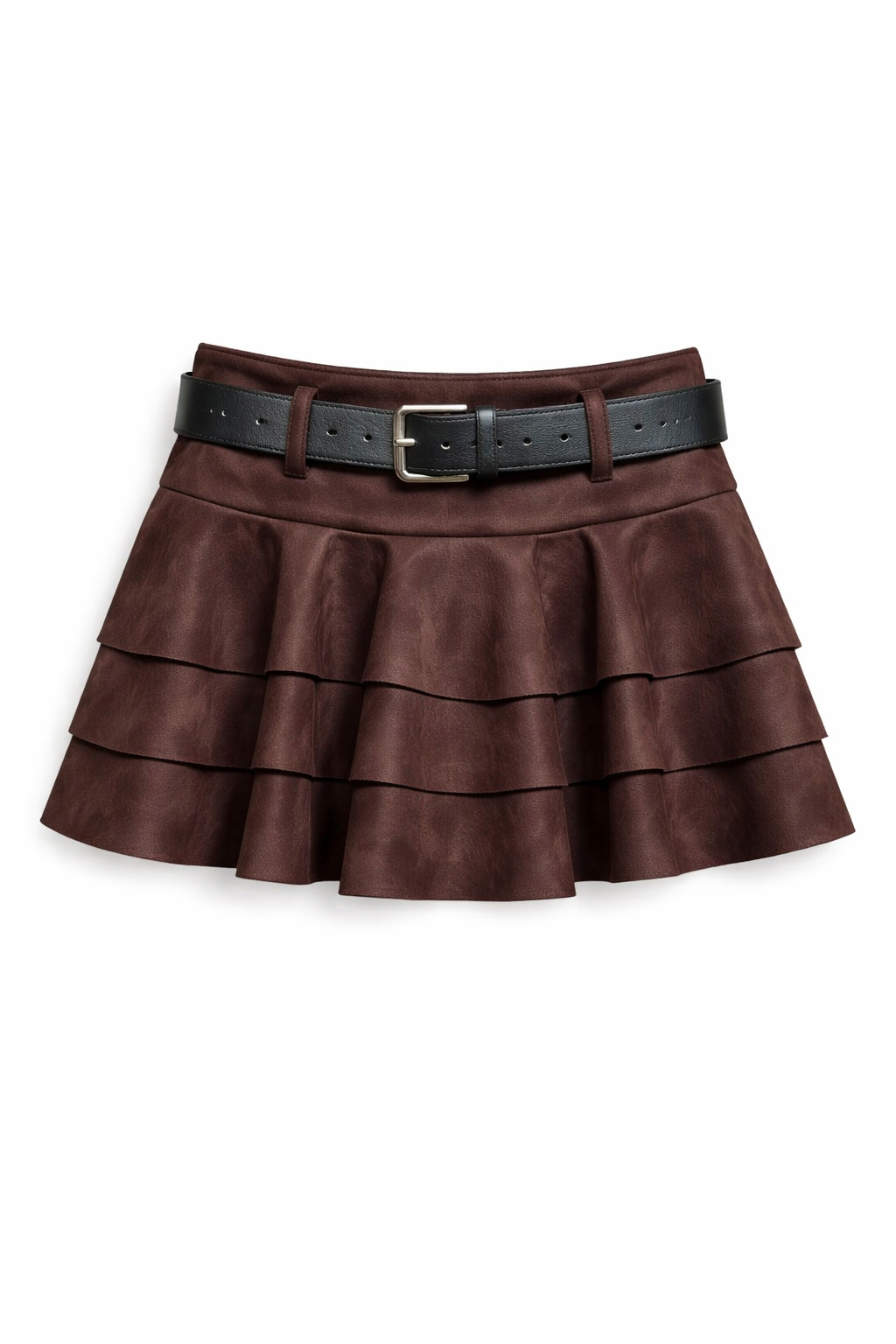 Jupe short évasée à volants en suédine avec ceinture