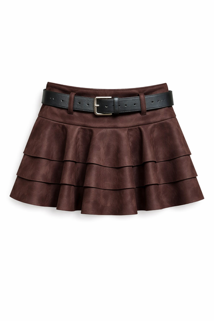 Jupe short évasée à volants en suédine avec ceinture