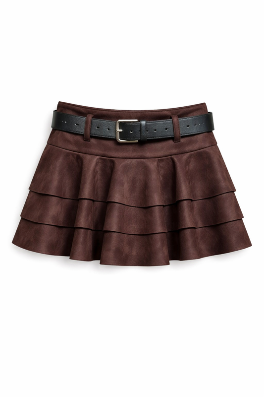 Jupe short évasée à volants en suédine avec ceinture