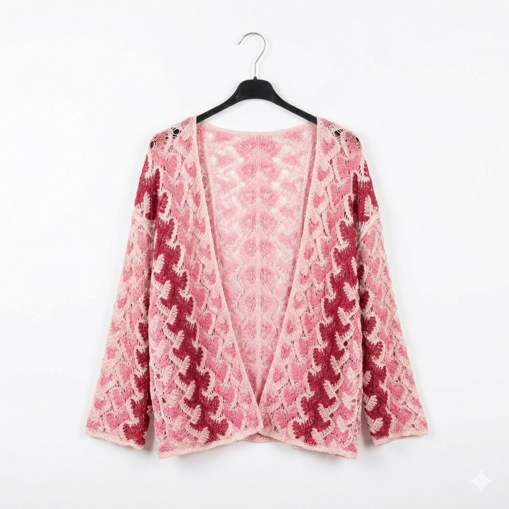 Gilet ouvert en crochet ajouré avec motifs floraux contrastés